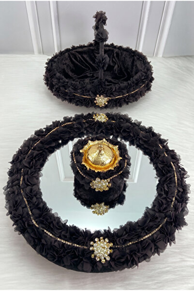 ZEYMERADE Black Henna Night Tray Basket Bridal Set, Brooched Floral Mirrored ...