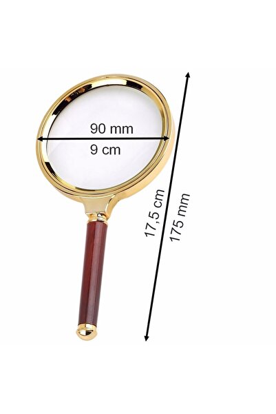 Neler Geldi Neler 9 Cm Gold Dekoratif El Tipi Büyüteç 10x Büyütme 90mm Cerçeveli Tutma Saplı Okuma Tamir Büyüteçi 17cm