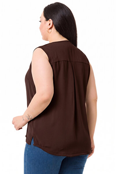 DISENTIS MODEST Plus Size Covered Button Sleeveless Brown Shirt with Side Slits