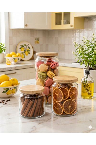 Kare Home Bambu Kapaklı 3lü Cam Kavanoz Seti (500 ml-800 ml-1300 ml)