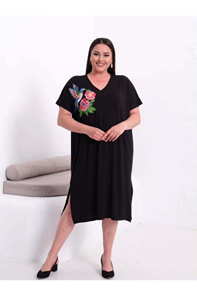 kısmet sepeti Women's Embroidery Detailed V-Neck Combed Cotton Stylish Dress