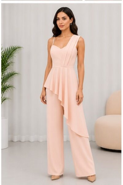 OEM Elegant women's jumpsuit with asymmetrical ruffle and wide straps, palazz...