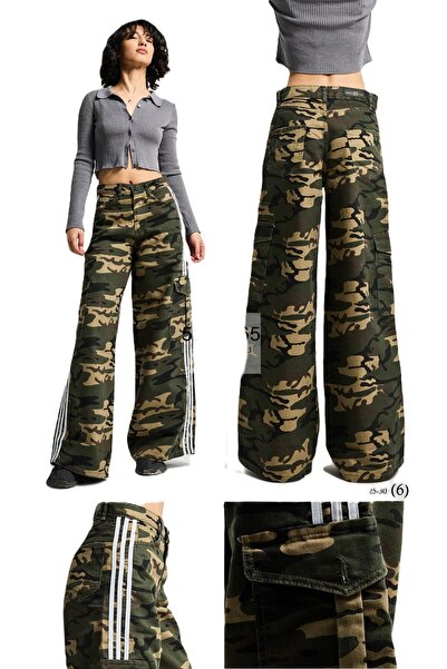 DENİKK Trendy Wide Leg Cargo Pocket Detail Side Stripe Loose Fit Palazzo Deni...