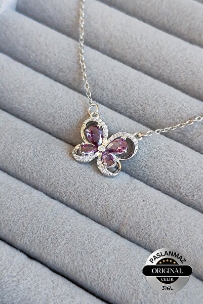 Lynare Butterfly Model Purple Drop Stone 316 L Steel Necklace