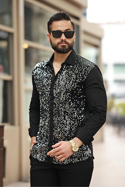 BAYIM Erkek Payet Detaylı Slim Fit Siyah Uzun Kollu Sahne ve Gece Gömleği