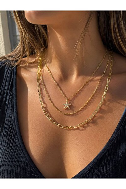 ANKA JEWELLRY ÇELİK KADIN KOLYE ALTIN RENK ÇOKLU ZİNCİR TASARIMLI ÇİFT DENİZ ...