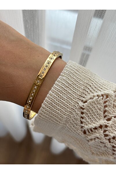 MODA IŞILTISI Paslanmaz Çelik Taş Detaylı Güneş Motifli Gold Kelepçe Bileklik