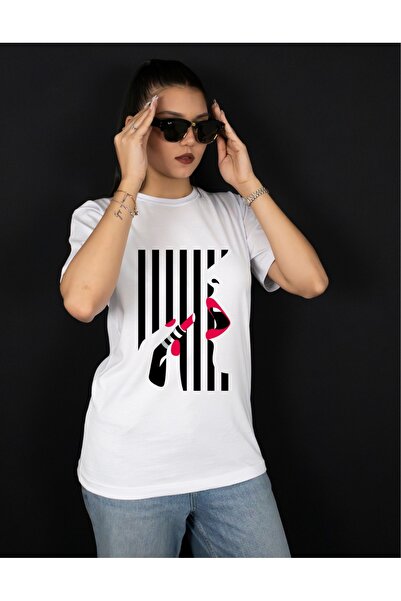 Krays Modern Lip and Lipstick Illustration Printed White Cotton T-Shirt - Art...