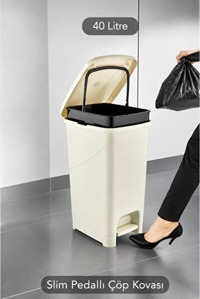 Omnipazar SRL-3030 Slim Pedallı Plastik Çöp Kovası İç Kovalı 40 litre Bej