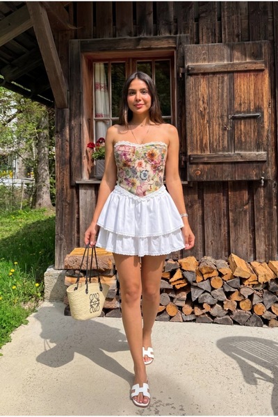 codudem Floral Desing Strapless Corset Blouse with Flower Pattern