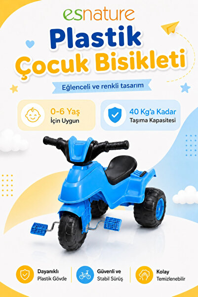 esnature Plastik Çocuk Bisikleti 3 Tekerlekli Pedallı Mavi 0-6 Yaş 40 Kg Taşı...