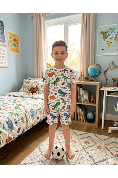 tusem butik homewear Dečački pamučni beli letnji pidžama set sa kratkim rukav...