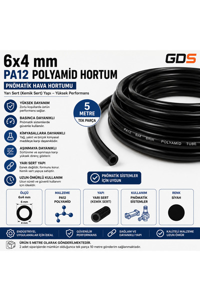 GENERAL GDS 6x4 mm PA12 Polyamid Hortum Siyah Pnömatik Hava Hortumu 5 Metre