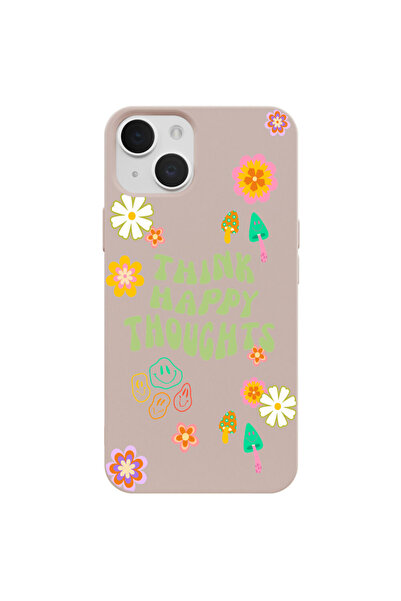 Casen iPhone 15 Pudra Think Happy Renkli Silikon Kılıfı
