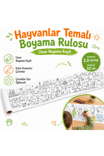 AHDTOPTAN Hayvanlar Temalı Boyama Rulosu 32 cm x 2,5 Metre | Uzun Boyama Kağıdı