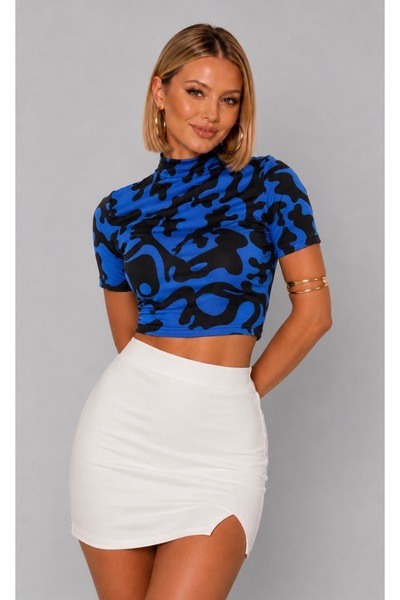 Be Best Women's Saks Patterned High Collar Short Sleeve Crop Blouse Be415