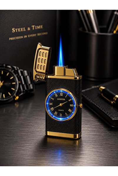 HediyeFilesi Saatli Gazlı Jet Çakmak Gold / Füme – LED Işıklı Turbo Alevli - ...