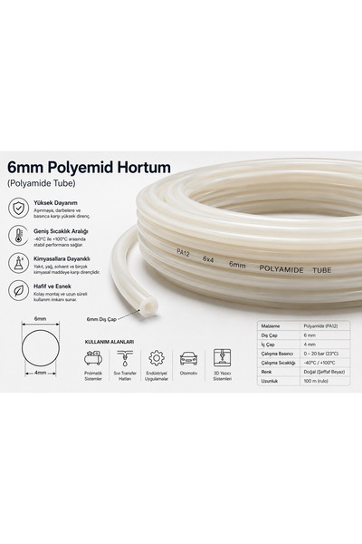 GENERAL 6mm Polyemid Hortum PA12 Şeffaf Hava ve Sıvı Transfer Hortumu 5 Metre