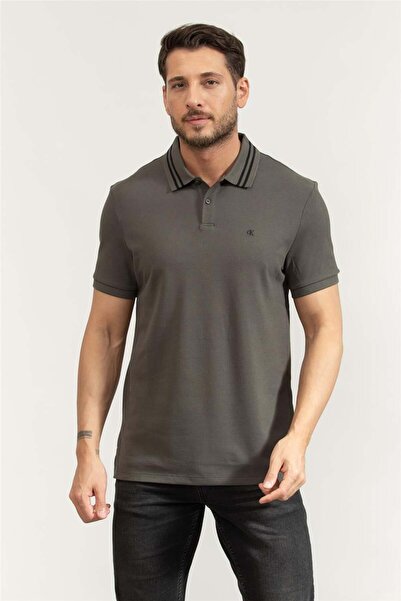 Calvin Klein Ss Monogram Pique Tipped Erkek Polo Yaka T-Shirt Gri