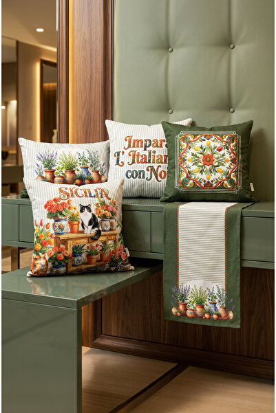 CANİLA Sicily 4 Throw Pillows 1 Runner 5-Piece Set Throw Pillow Set. Table Se...