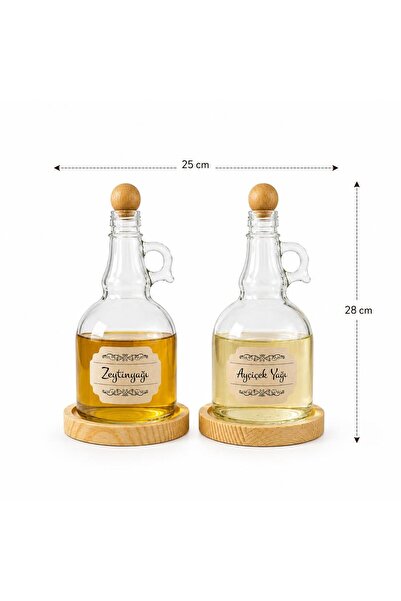 MODA OZY 2'li 1000ml Ahşap Stantlı Ahşap Kapaklı Cam Yağlık Seti Ayçiçek/Zeytin Yağı Etiketli