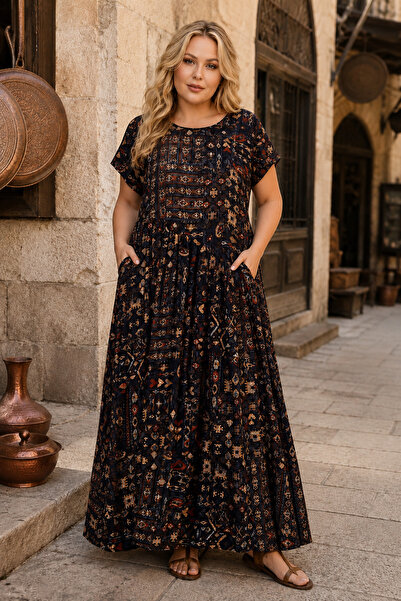 Park Moda فستان نسائي مقاس كبير من الفيسكوز الأسود بأكمام قصيرة مع جيوب وطباع...