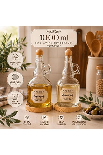 MODA OZY 2'li 1000ml Ahşap Stantlı Ahşap Kapaklı Cam Yağlık Seti Ayçiçek/Zeytin Yağı Etiketli