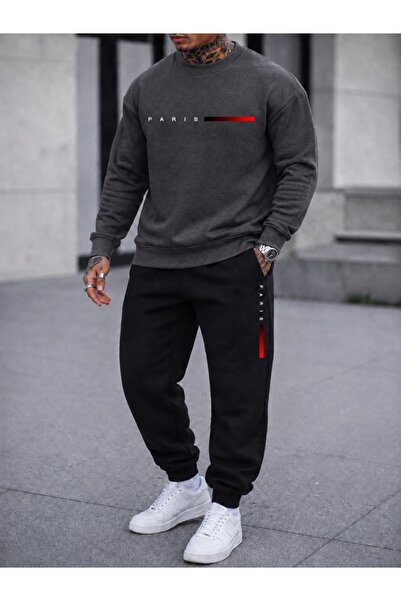 FAEL LİFE Unisex Wide Cut Zero Necklace Sweatpants Paris Red Striped Printed ...