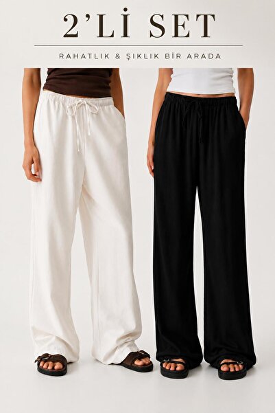 2-Piece Set Linen Blend Wide Cut Women's Trousers Black and White