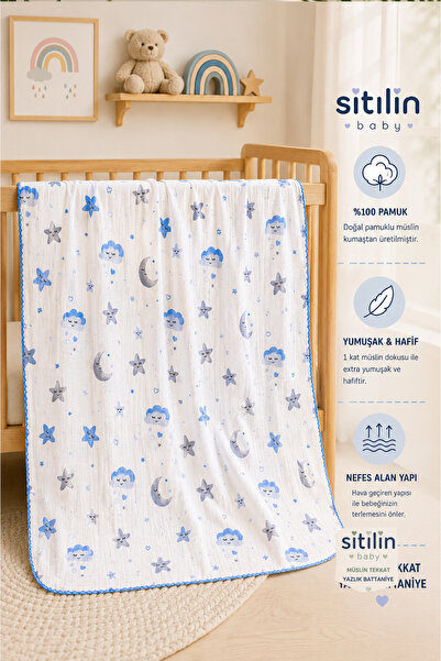 Sitilin Baby Boy Single Layer Muslin Swaddle Blanket with Pompom Summer Strol...