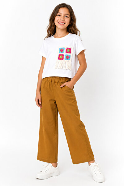 Melff Tricou alb cu detalii tricotate colorate pentru fete, pantaloni largi, ...