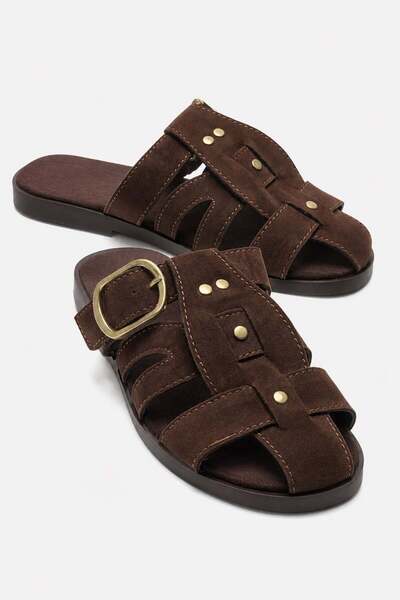 CCWAY AYAKKABI Women's Buckle-Strapped Closed-Front Pin-Strapped Slippers Brown