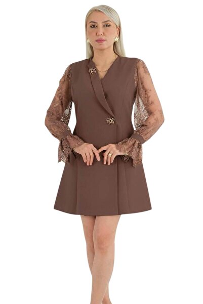 Moda Amore 1. Class Crepe Fabric Double-Breasted Collar Lace Sleeve Dress - f...