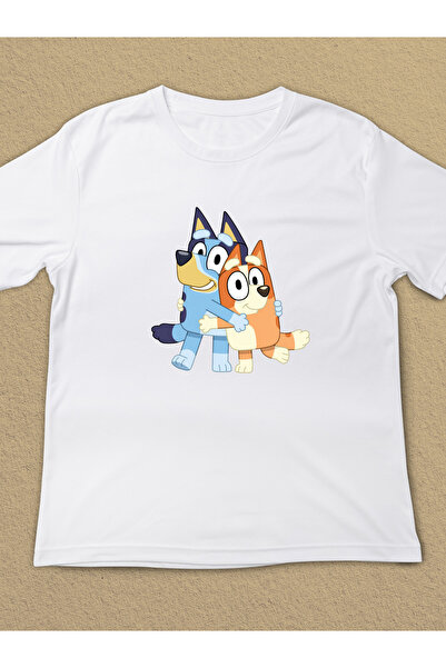 BLUEY VE BİNGO CARTOON BASKILI OVERSİZE PAMUKLU BEYAZ UNİSEX T-SHİRT