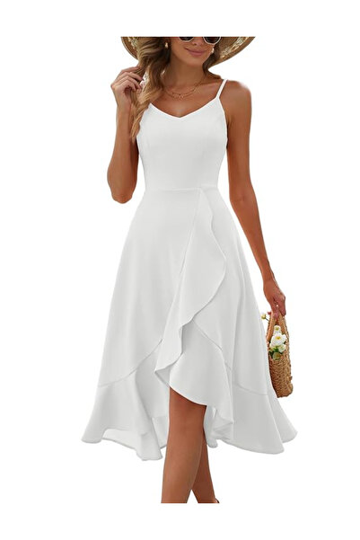 OEM Elegant white summer dress, knee-length, V-neck, hidden back zipper, L