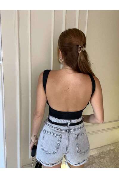 Chamakh Siyah Sırt Açık Bodysuit Zıbın