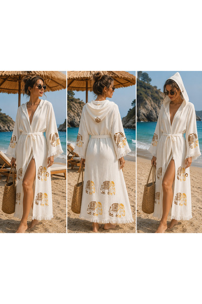 Store Kapüşonlu Fil Detaylı Kadın Plaj Kimono Müslin Bornoz– Ekru