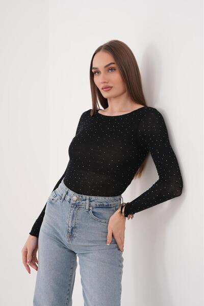 WOMAN VISION Woman Black Sheer Stretch Long Sleeve Rhinestone Detail Blouse 216