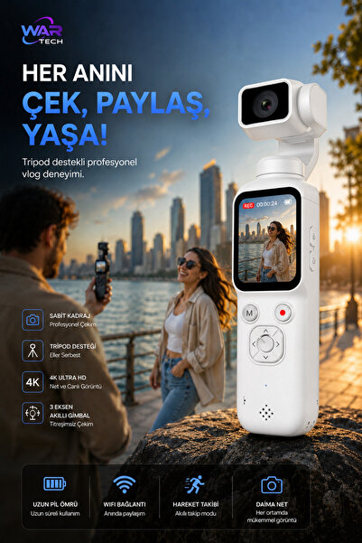 Wair Teknoloji 4K Ultra HD Vlog Kamera 75MP WiFi Yapay Zeka Yüz Takipli 330° ...