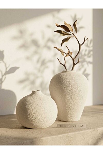 DEKOREA HOME 2'li El Yapımı Doğal Dokulu Taş Tozu Vazo Seti - Modern İskandin...