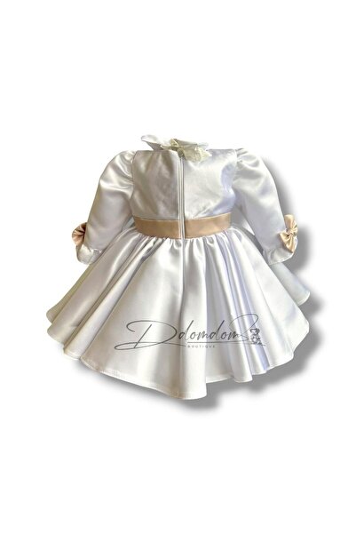 Domdom Boutique Rochiță Rebeca din Satin Alb cu Fundă Roz Praf