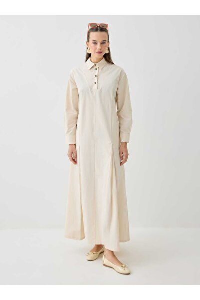 Benin Shirt Collar Pleated Detailed Hijab Dress - Beige -