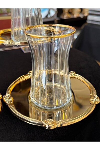 LOKMAN ZÜCCACİYE SHOWROOM 12 Pieces Metal Casting Plate Gold Engraved Tea Cup...