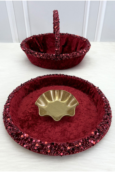 ZEYMERADE Burgundy Bridal Henna Night Tray and Basket, Sparkling Sequins and ...