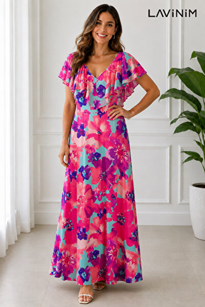 LAVİNİM Colorful Flowy Patterned Ruffle Collar Summer Maxi Dress