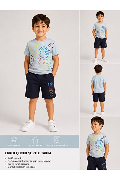 Ramçocuk Boys' Colorful Smiley Face Printed Shorts T-Shirt Set Relaxed Fit