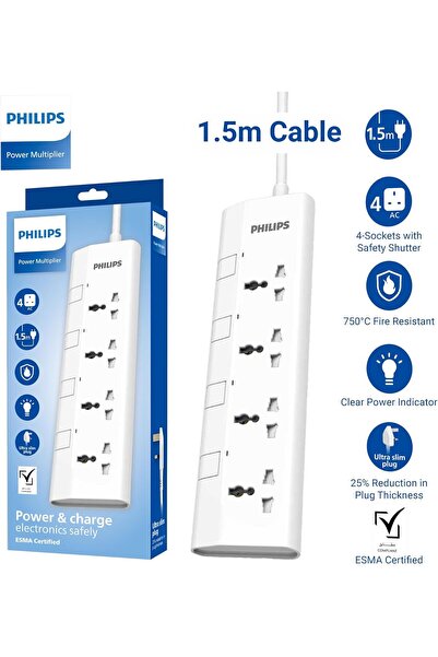 Philips وصلة تمديد كهربائية عالمية رباعية المنافذ بطول 1.5 متر مع مفاتيح فردي...