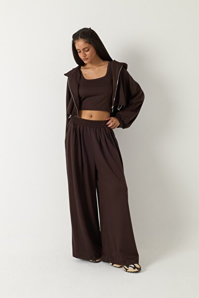 The Champ Clothing Women's 3-Piece Modal Set Livora Brown – Crop Tank Top, Zi...