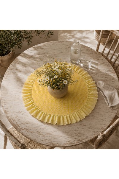 NURGİTA HOME Ruffled Scalloped Floral Duck Linen Round Tablecloth & Decorative Cover (55X55 cm Yellow) Stain-Resistant