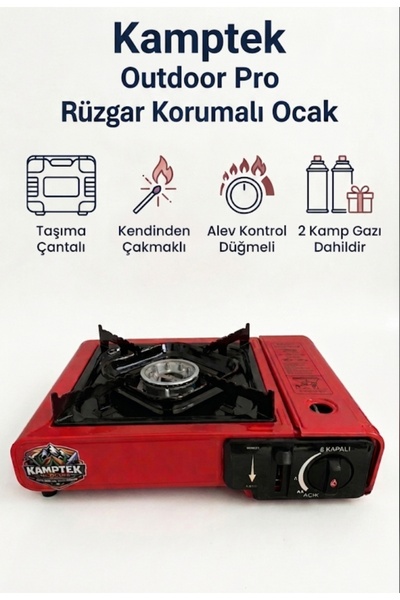 kamptek kamp teknolojisi Kamptek Outdoor Pro Rüzgar Korumalı Kendinden Çakmaklı Taşınabilir Kamp Ocağı + 2 Adet Kamp Gazı Kamp Mutfağı (Taşıma Çantalı)